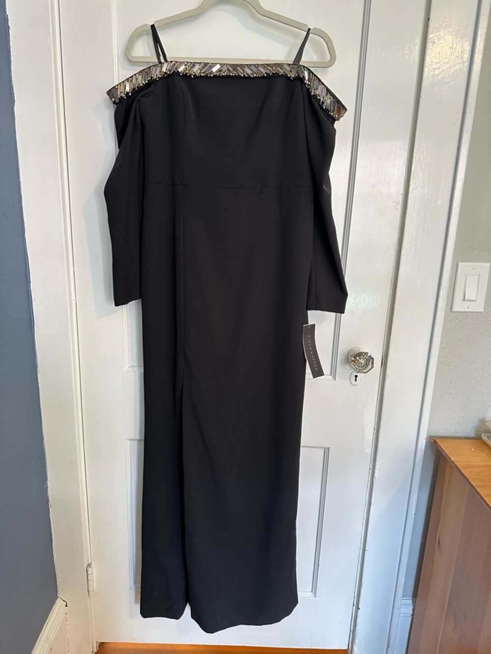 NWT Aidan Mattox Black Off-Shoulder Evening Dress with Sequin Trim Size 12